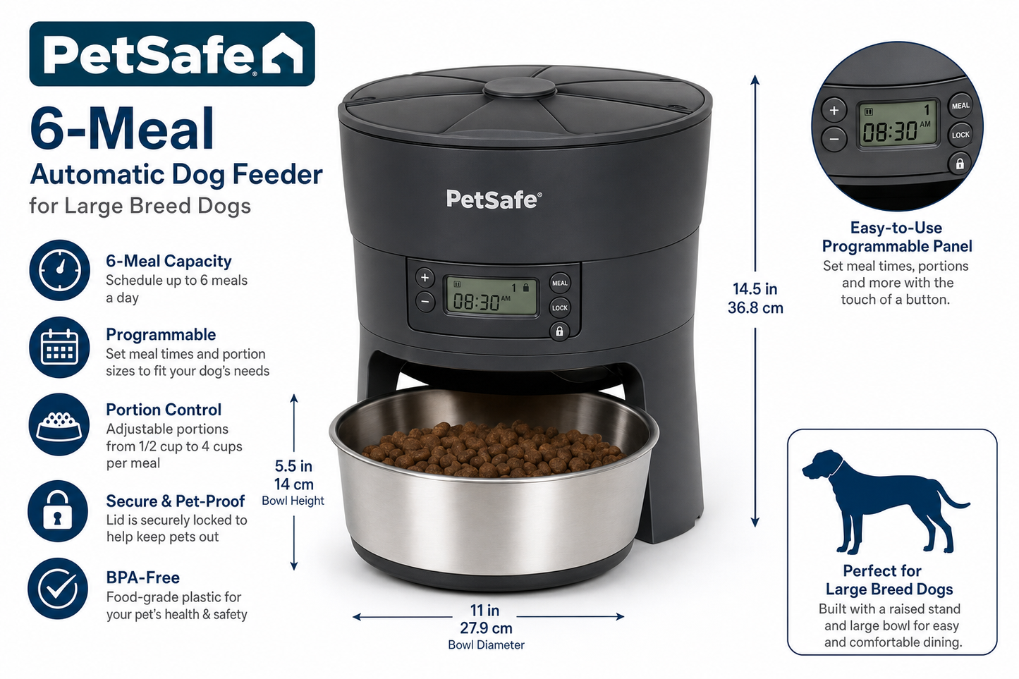 PetSafe 6-Meal Automatic Dog Feeder — Programmable — for Large Breeds — Great Dane, Mastiff, Labrador
