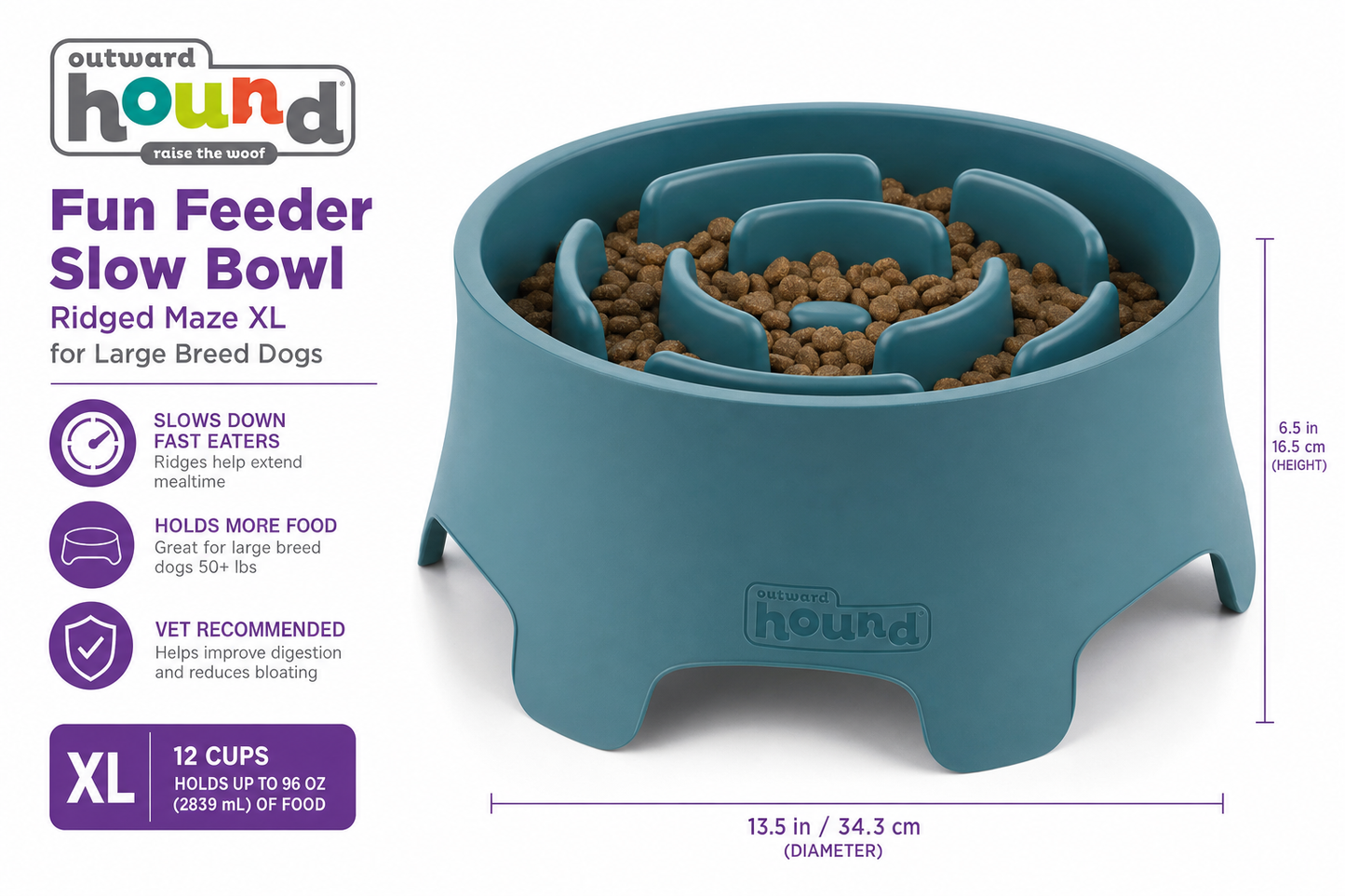 Outward Hound Fun Feeder Slow Bowl — Ridged Maze XL — for Large Breeds — Great Dane, Mastiff, Labrador