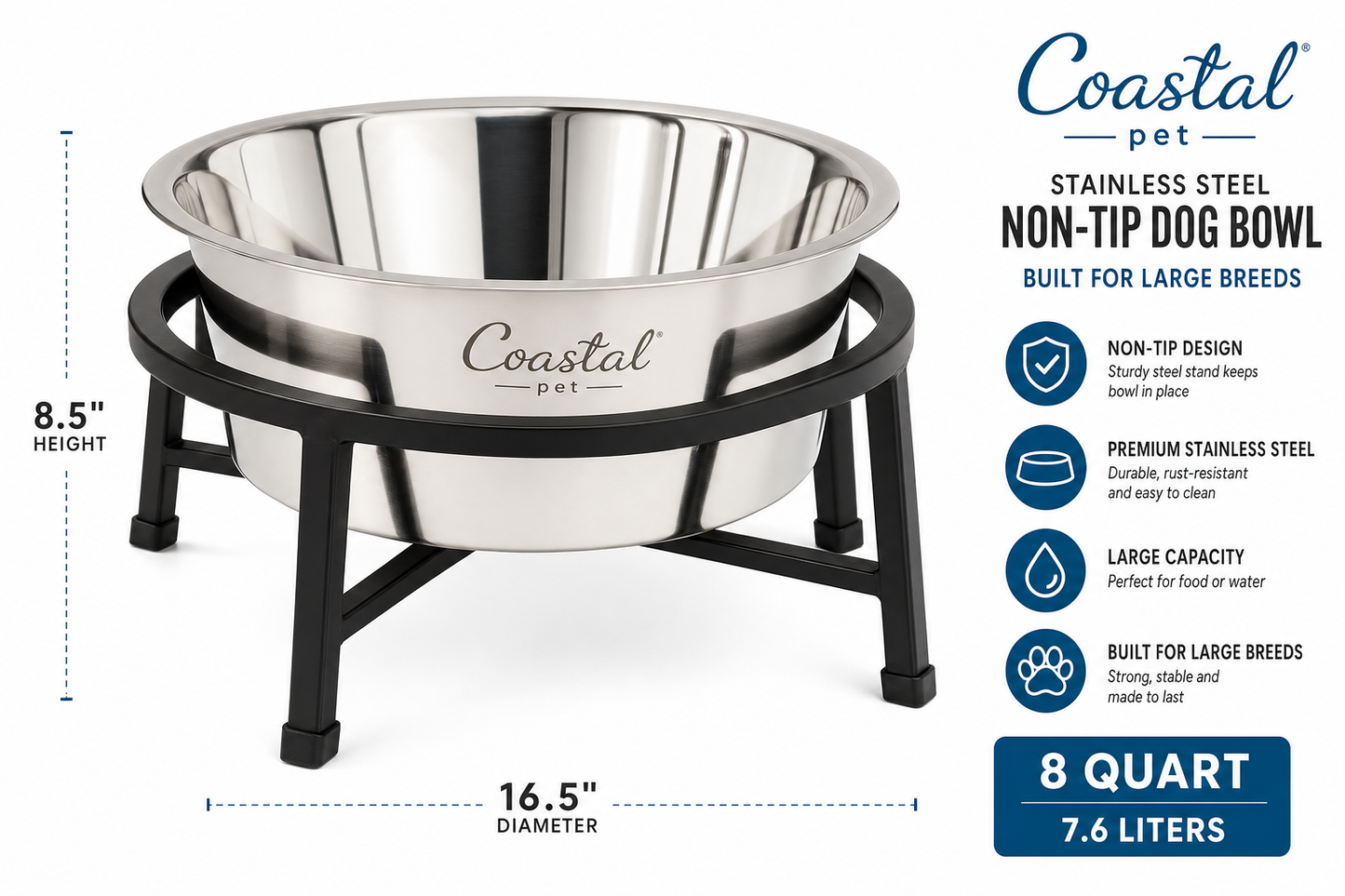Coastal Pet Stainless Steel Non-Tip Dog Bowl — for Large Breeds — Great Dane, Mastiff, Labrador