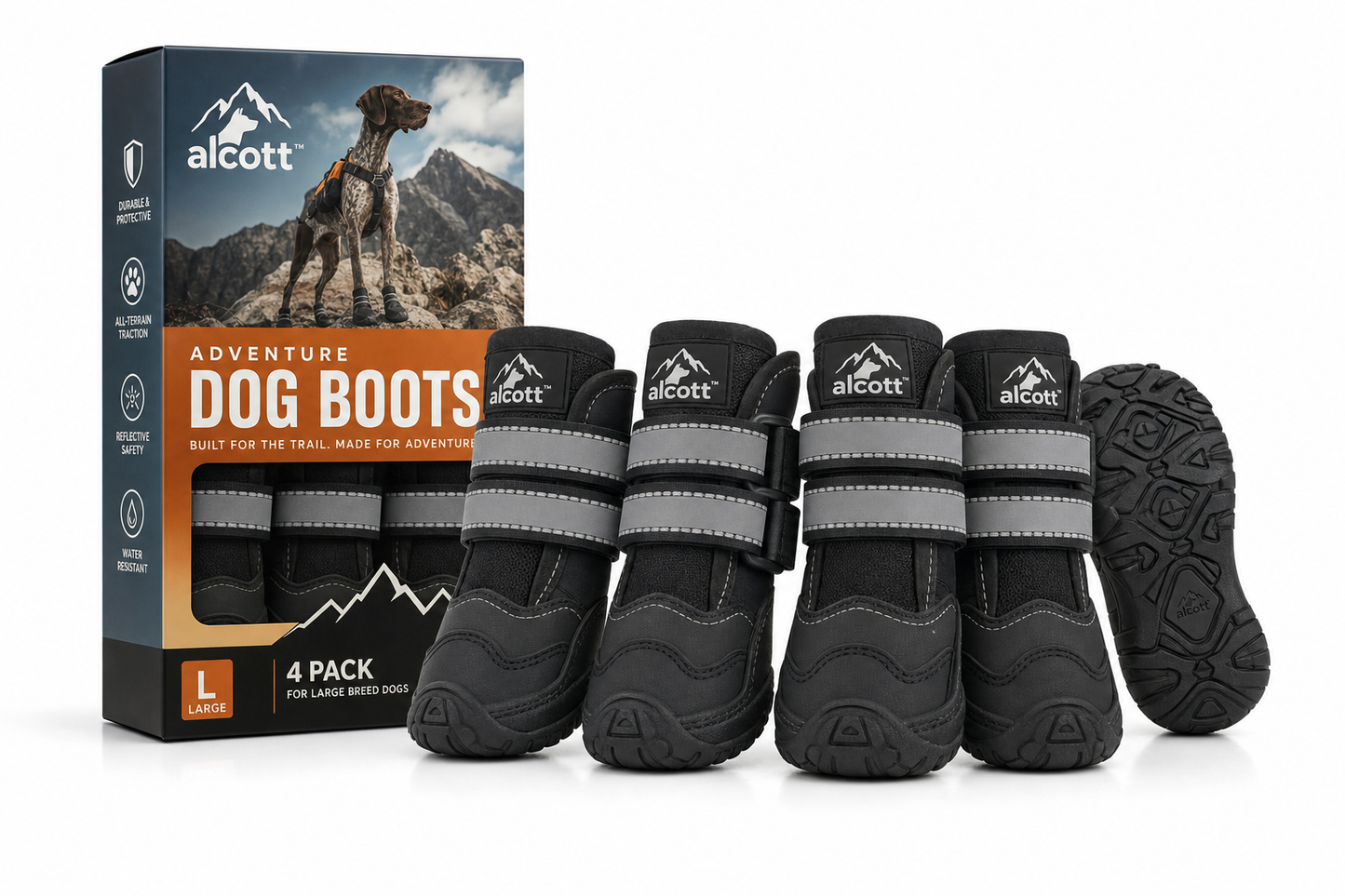 Alcott Adventure Dog Boots — Reflective 4-Pack — for Large Breeds — German Shepherd, Labrador, Bernese Mountain Dog