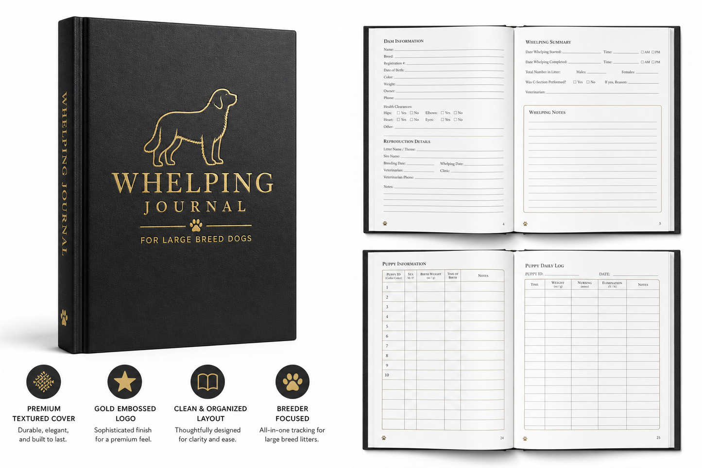 Noble Hound Co. Whelping Journal — Professional Hardcover — for Large Breed Dogs — Great Dane, Mastiff, Rottweiler