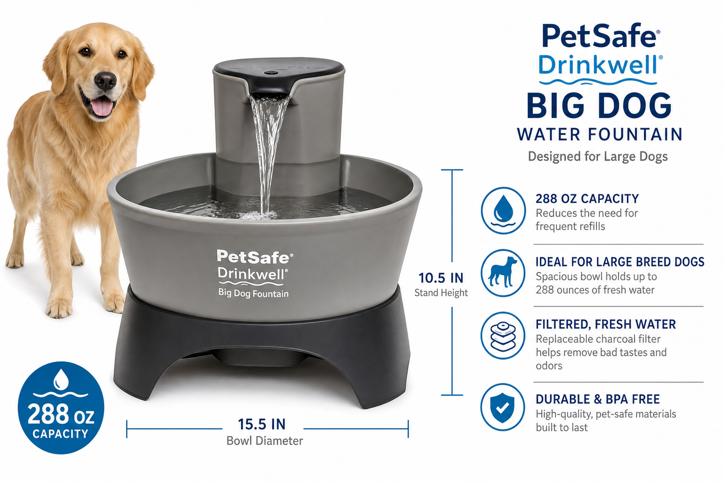 PetSafe Drinkwell Big Dog Water Fountain — 288 oz — for Large Breeds — Great Dane, Mastiff, Labrador