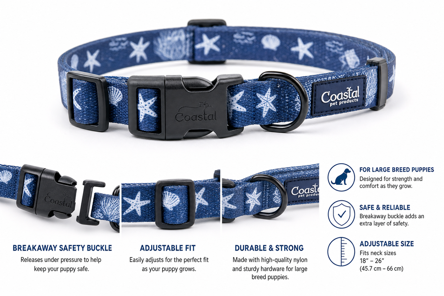 Coastal Pet Adjustable Puppy Collar — Breakaway Safety — for Large Breed Dogs — Great Dane, Mastiff, Rottweiler