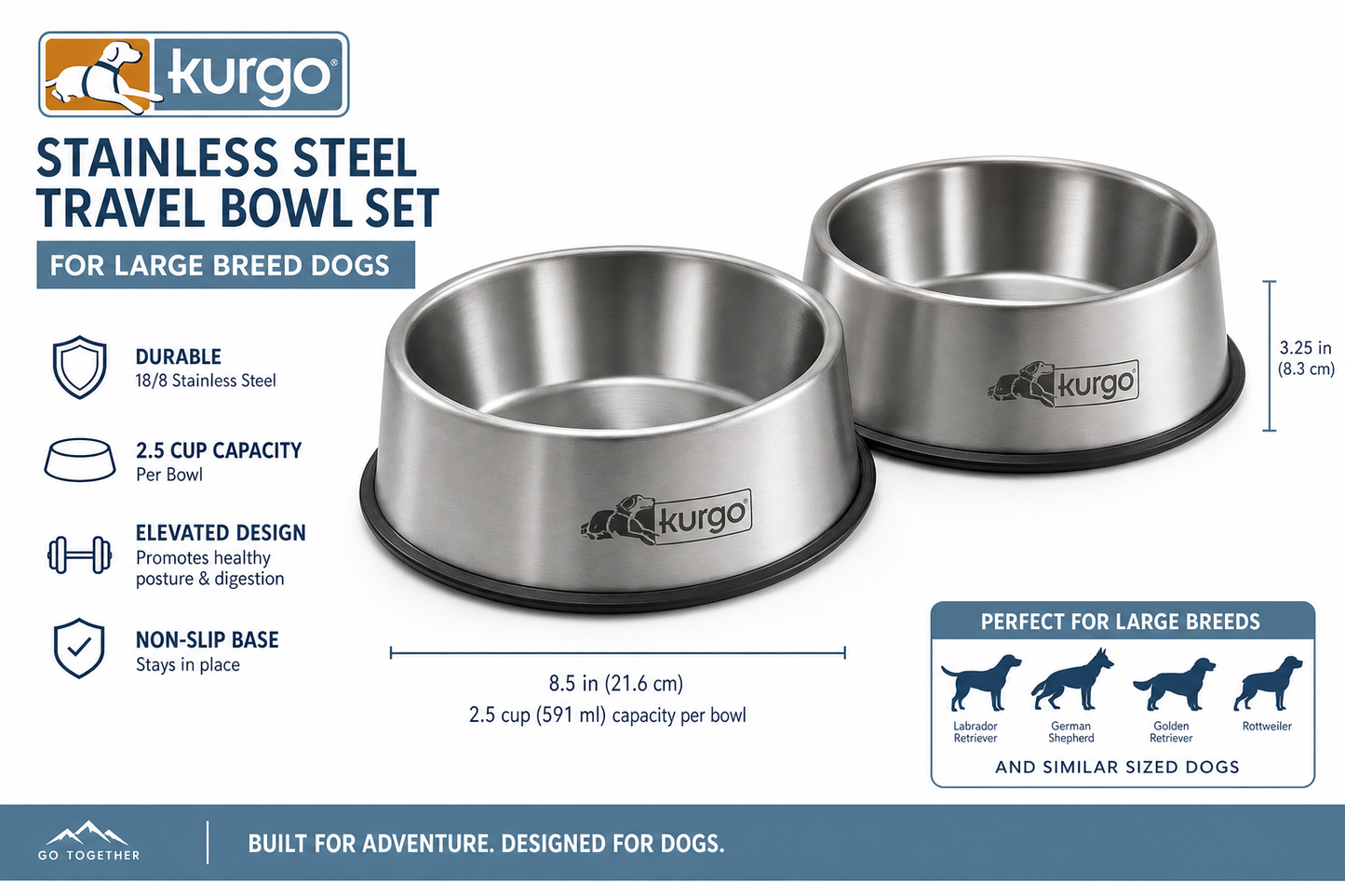Kurgo Stainless Steel Travel Bowl Set — 2-Pack — for Large Breeds — Great Dane, Mastiff, Labrador