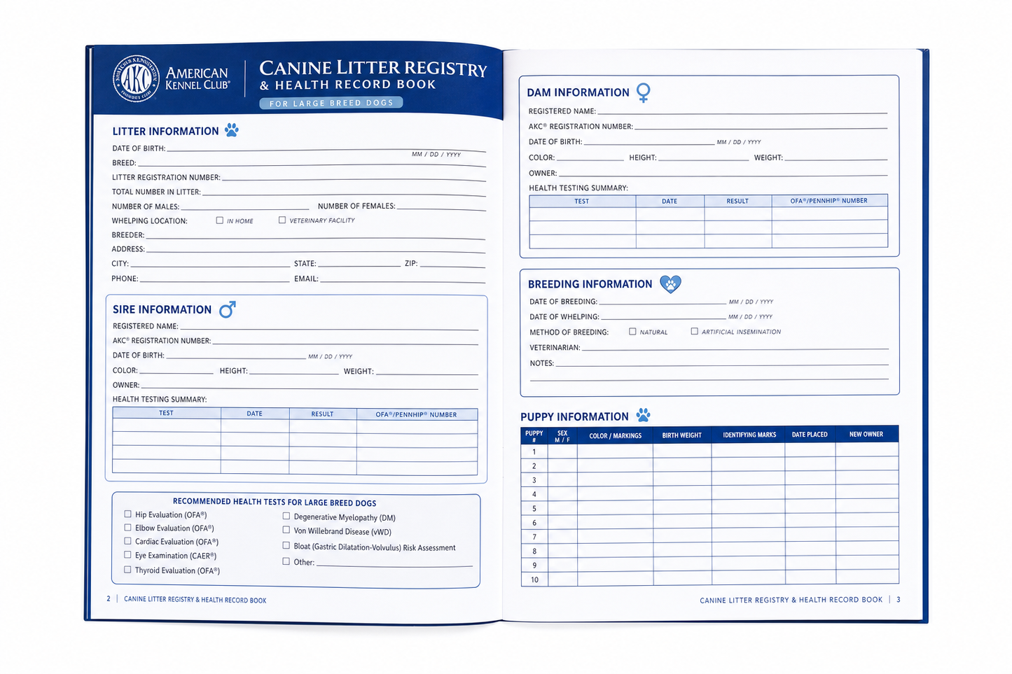 AKC Canine Litter Registry & Health Record Book — for Large Breed Dogs — Great Dane, Mastiff, Rottweiler