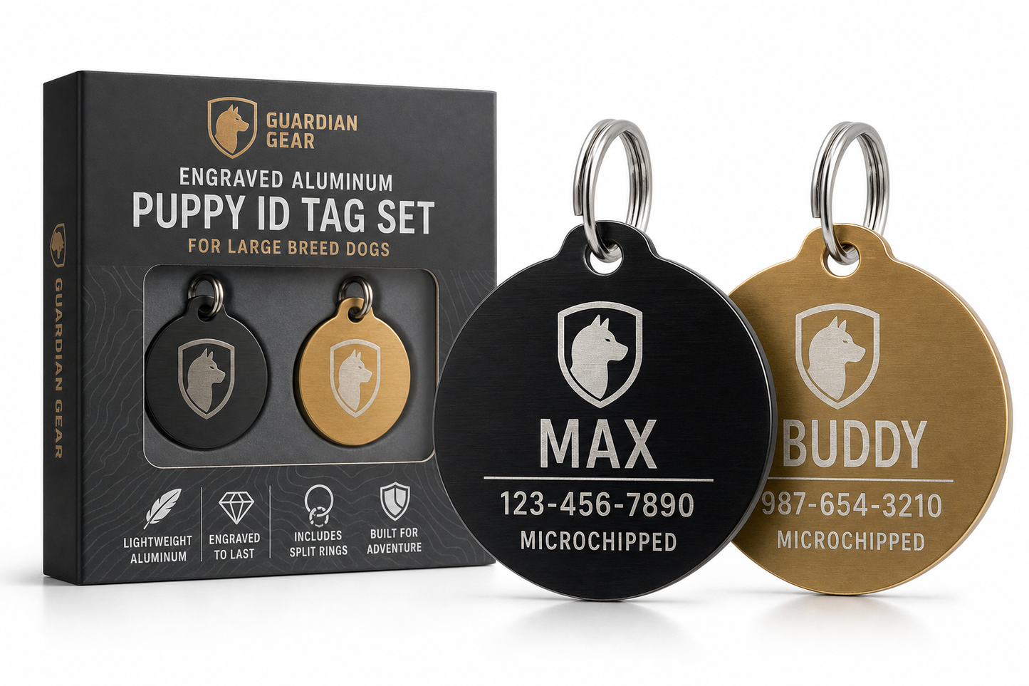 Guardian Gear Engraved Aluminum Puppy ID Tag Set — for Large Breed Dogs — Great Dane, Mastiff, Rottweiler