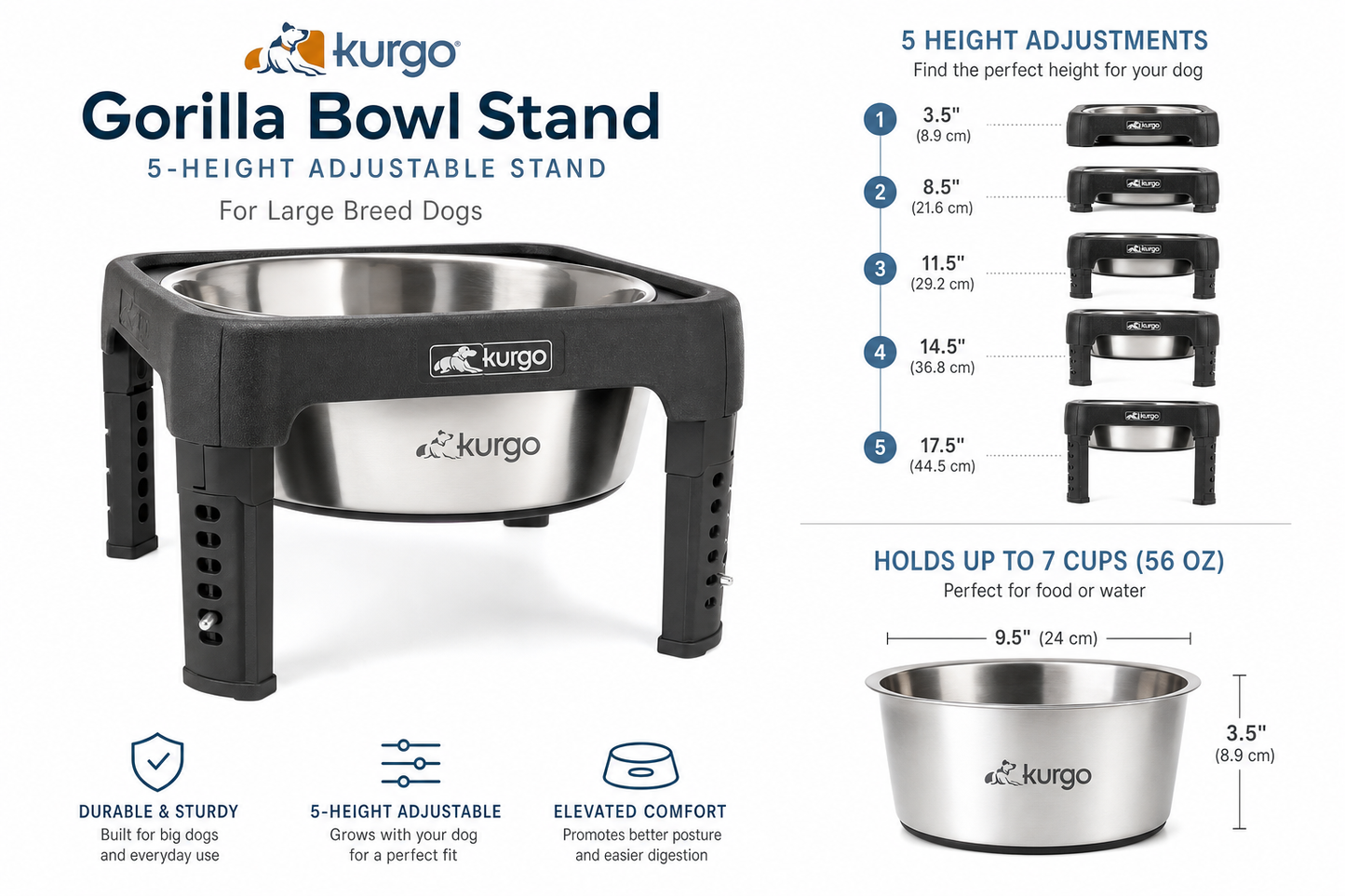 Kurgo Gorilla Bowl Stand — 5-Height Adjustable — for Large Breeds — Great Dane, Mastiff, Labrador