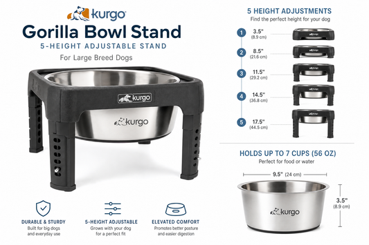 Kurgo Gorilla Bowl Stand — 5-Height Adjustable — for Large Breeds — Great Dane, Mastiff, Labrador