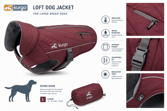Kurgo Loft Dog Jacket — Insulated Puffer — for Large Breeds — German Shepherd, Labrador, Bernese Mountain Dog
