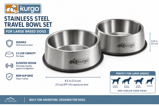 Kurgo Stainless Steel Travel Bowl Set — 2-Pack — for Large Breeds — Great Dane, Mastiff, Labrador